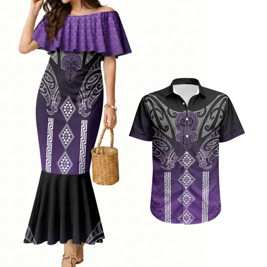 Aotearoa Maori Iwi Heritage Couples Matching Mermaid Dress and Hawaiian Shirt Ngati Porou Waiporoporo LT7 Purple - Polynesian Pride