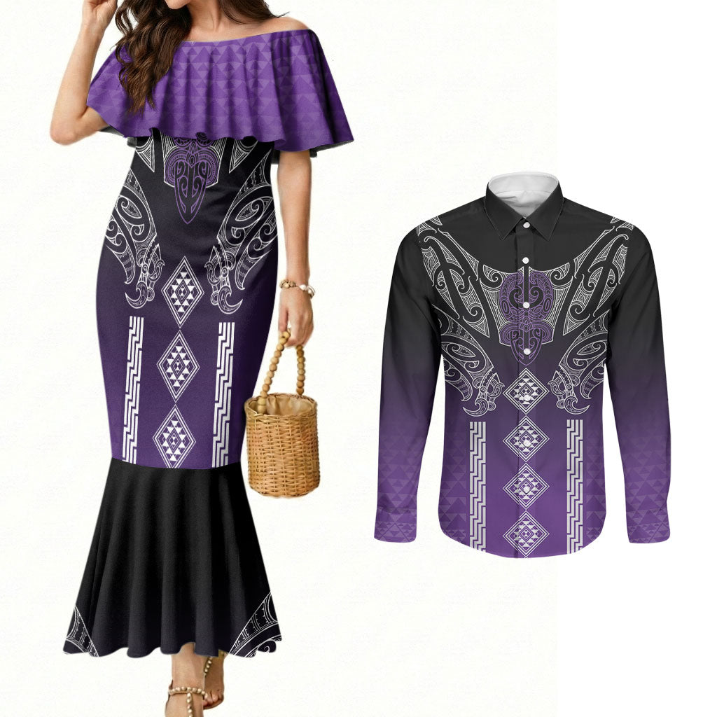 Aotearoa Maori Iwi Heritage Couples Matching Mermaid Dress and Long Sleeve Button Shirt Ngati Porou Waiporoporo LT7 Purple - Polynesian Pride