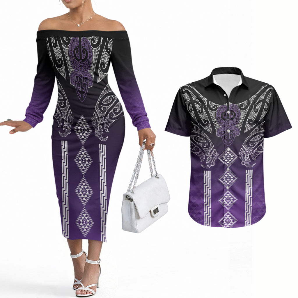 Aotearoa Maori Iwi Heritage Couples Matching Off The Shoulder Long Sleeve Dress and Hawaiian Shirt Ngati Porou Waiporoporo LT7 Purple - Polynesian Pride