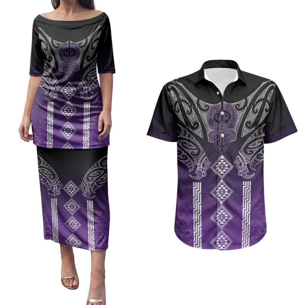 Aotearoa Maori Iwi Heritage Couples Matching Puletasi and Hawaiian Shirt Ngati Porou Waiporoporo LT7 Purple - Polynesian Pride
