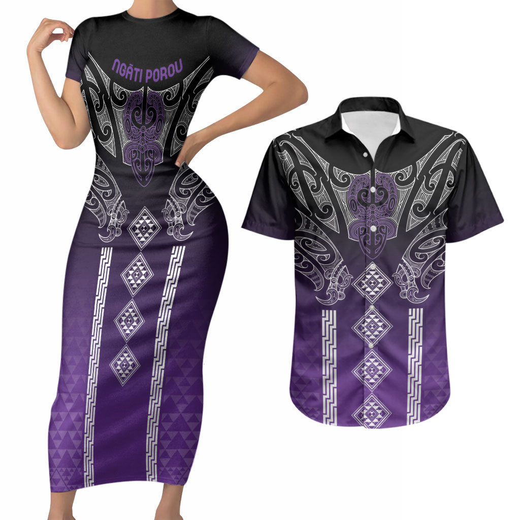 Aotearoa Maori Iwi Heritage Couples Matching Short Sleeve Bodycon Dress and Hawaiian Shirt Ngati Porou Waiporoporo LT7 Purple - Polynesian Pride