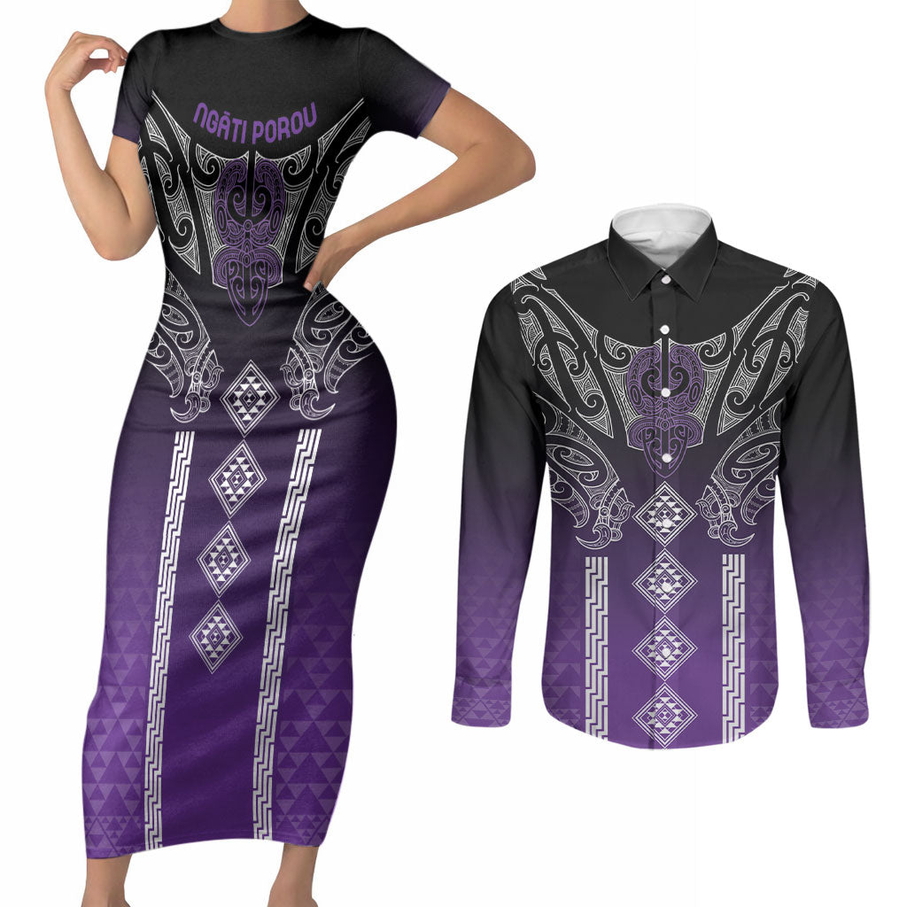 Aotearoa Maori Iwi Heritage Couples Matching Short Sleeve Bodycon Dress and Long Sleeve Button Shirt Ngati Porou Waiporoporo LT7 Purple - Polynesian Pride