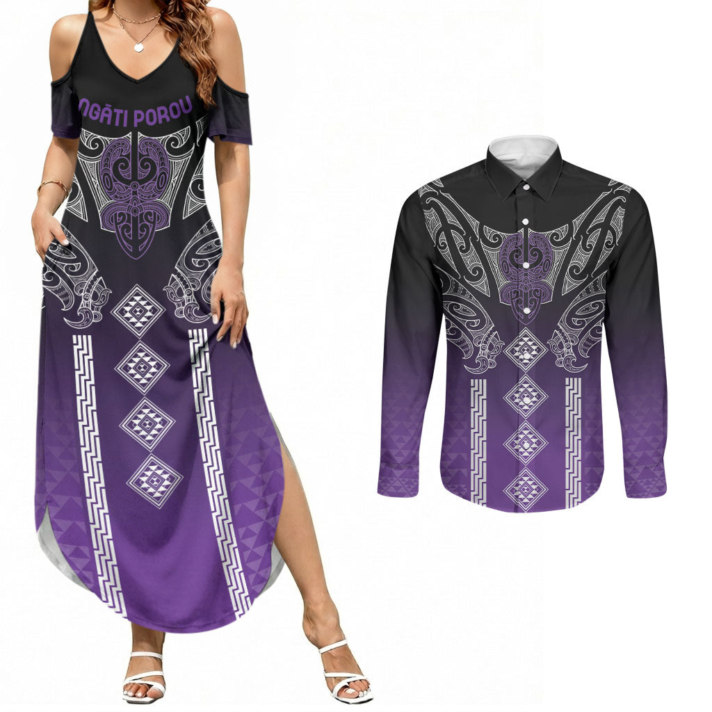 Aotearoa Maori Iwi Heritage Couples Matching Summer Maxi Dress and Long Sleeve Button Shirt Ngati Porou Waiporoporo LT7 Purple - Polynesian Pride