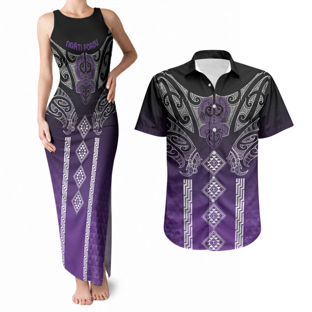 Aotearoa Maori Iwi Heritage Couples Matching Tank Maxi Dress and Hawaiian Shirt Ngati Porou Waiporoporo LT7 Purple - Polynesian Pride