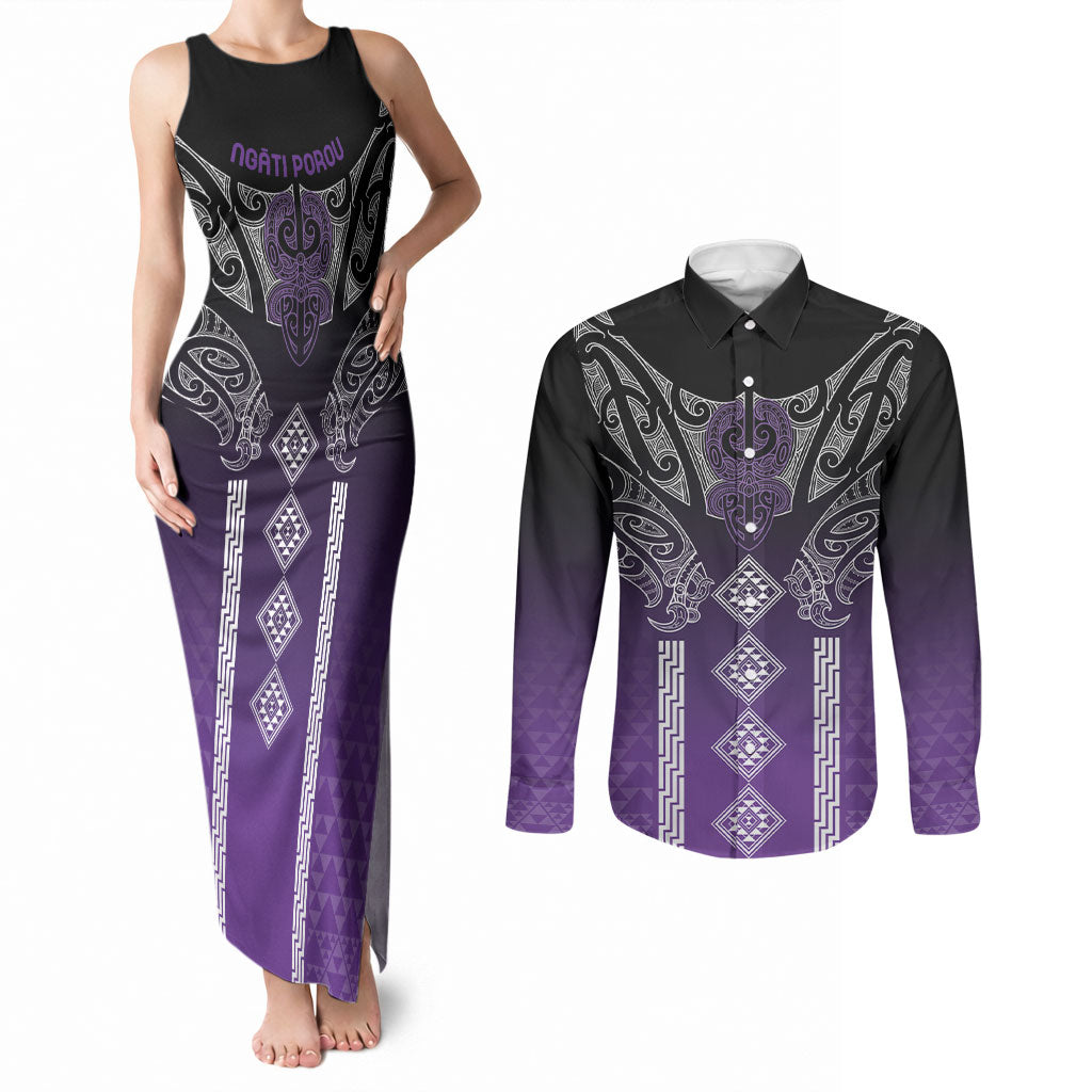 Aotearoa Maori Iwi Heritage Couples Matching Tank Maxi Dress and Long Sleeve Button Shirt Ngati Porou Waiporoporo LT7 Purple - Polynesian Pride