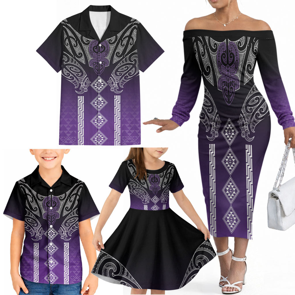 Aotearoa Maori Iwi Heritage Family Matching Off The Shoulder Long Sleeve Dress and Hawaiian Shirt Ngati Porou Waiporoporo LT7 - Polynesian Pride
