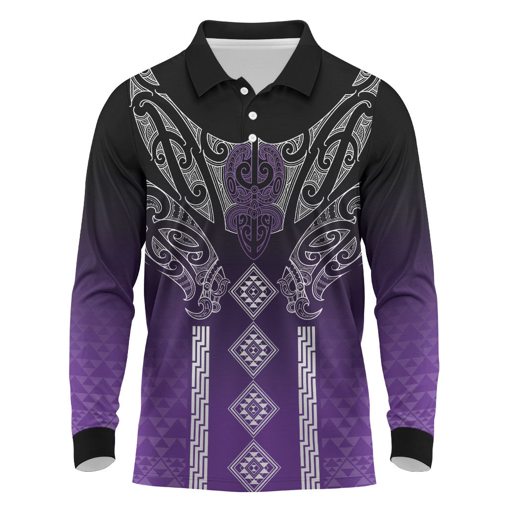 Aotearoa Maori Iwi Heritage Long Sleeve Polo Shirt Ngati Porou Waiporoporo LT7 Purple - Polynesian Pride
