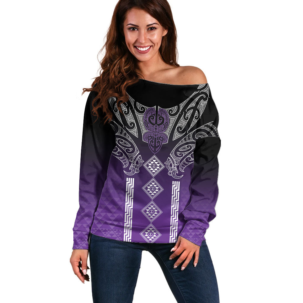 Aotearoa Maori Iwi Heritage Off Shoulder Sweater Ngati Porou Waiporoporo LT7 Women Purple - Polynesian Pride