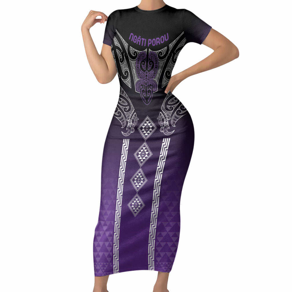 Aotearoa Maori Iwi Heritage Short Sleeve Bodycon Dress Ngati Porou Waiporoporo LT7 Long Dress Purple - Polynesian Pride