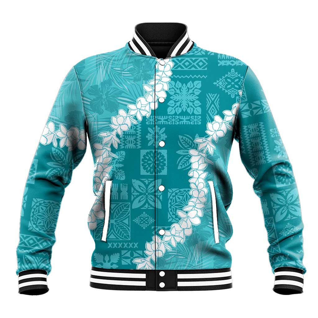 Hawaii Aloha Baseball Jacket Teal Quilt Patch Work Mix Plumeria Lei LT7 Unisex Teal - Polynesian Pride