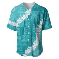 Hawaii Aloha Baseball Jersey Teal Quilt Patch Work Mix Plumeria Lei LT7 Teal - Polynesian Pride