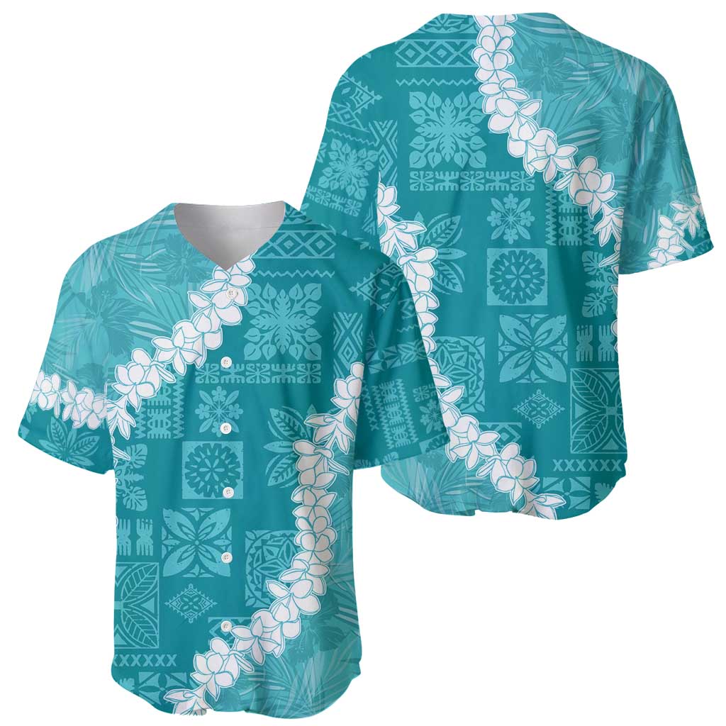 Hawaii Aloha Baseball Jersey Teal Quilt Patch Work Mix Plumeria Lei LT7 - Polynesian Pride