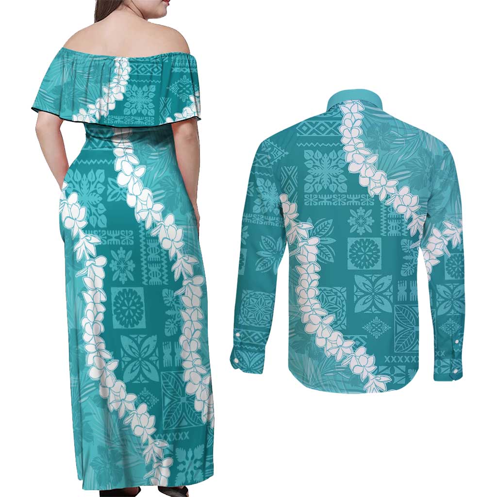Hawaii Aloha Couples Matching Off Shoulder Maxi Dress and Long Sleeve Button Shirt Teal Quilt Patch Work Mix Plumeria Lei LT7 - Polynesian Pride