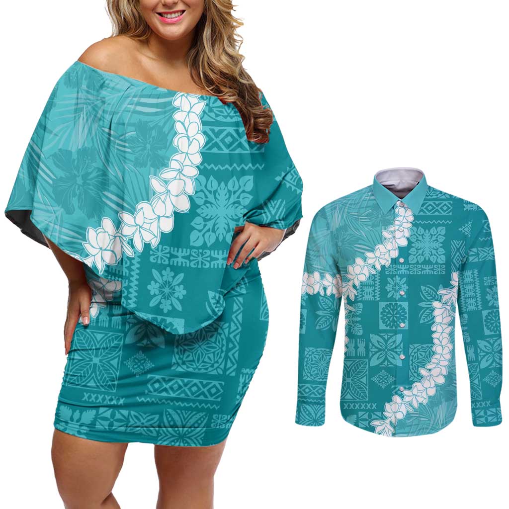 Hawaii Aloha Couples Matching Off Shoulder Short Dress and Long Sleeve Button Shirt Teal Quilt Patch Work Mix Plumeria Lei LT7 Teal - Polynesian Pride