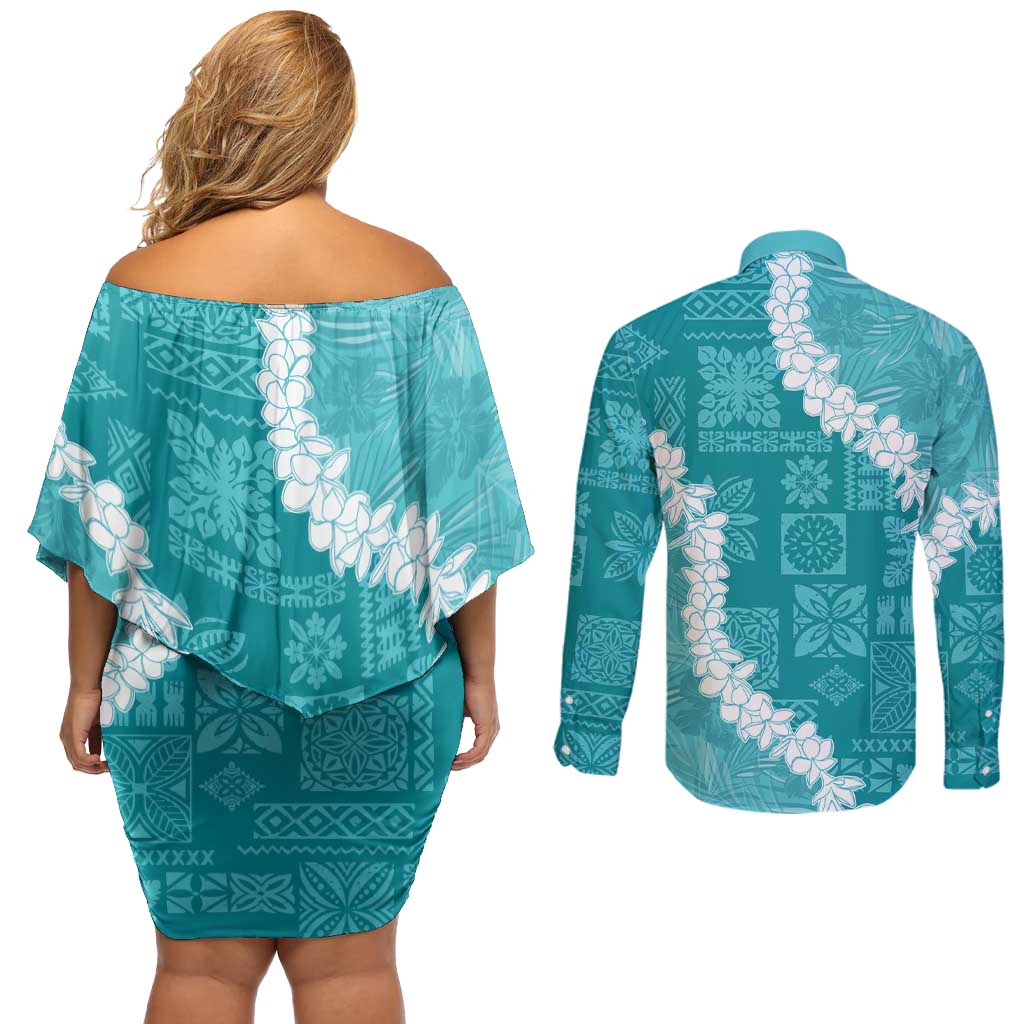 Hawaii Aloha Couples Matching Off Shoulder Short Dress and Long Sleeve Button Shirt Teal Quilt Patch Work Mix Plumeria Lei LT7 - Polynesian Pride