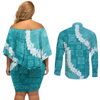 Hawaii Aloha Couples Matching Off Shoulder Short Dress and Long Sleeve Button Shirt Teal Quilt Patch Work Mix Plumeria Lei LT7 - Polynesian Pride