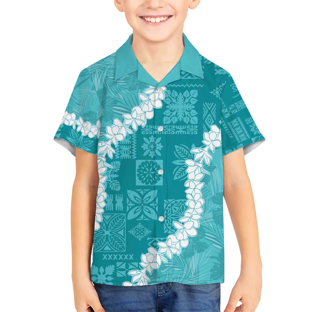 Hawaii Aloha Family Matching Long Sleeve Bodycon Dress and Hawaiian Shirt Teal Quilt Patch Work Mix Plumeria Lei