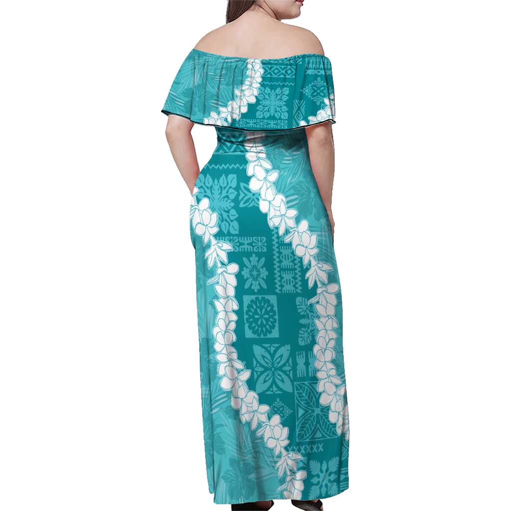 Hawaii Aloha Family Matching Off Shoulder Maxi Dress and Hawaiian Shirt Teal Quilt Patch Work Mix Plumeria Lei