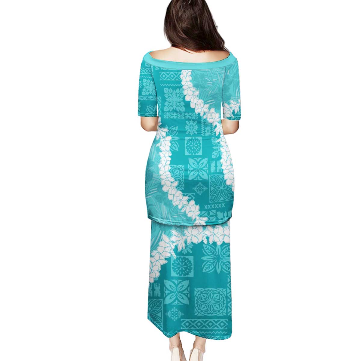 Hawaii Aloha Family Matching Puletasi and Hawaiian Shirt Teal Quilt Patch Work Mix Plumeria Lei