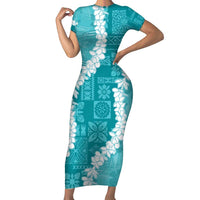Hawaii Aloha Family Matching Short Sleeve Bodycon Dress and Hawaiian Shirt Teal Quilt Patch Work Mix Plumeria Lei