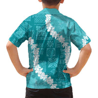 Hawaii Aloha Kid Hawaiian Shirt Teal Quilt Patch Work Mix Plumeria Lei