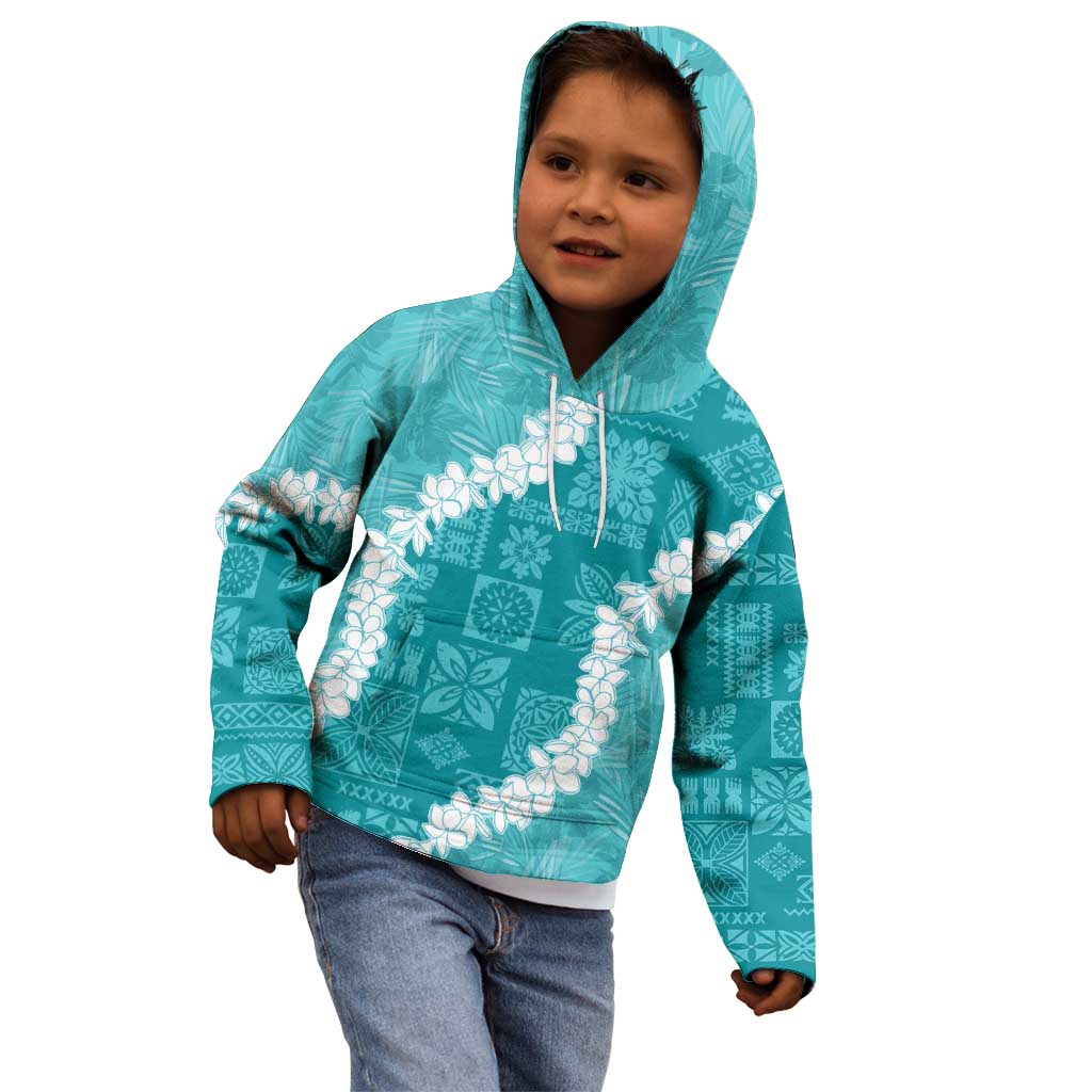 Hawaii Aloha Kid Hoodie Teal Quilt Patch Work Mix Plumeria Lei