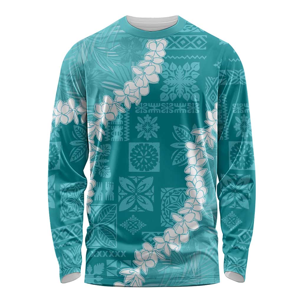 Hawaii Aloha Long Sleeve Shirt Teal Quilt Patch Work Mix Plumeria Lei LT7 Unisex Teal - Polynesian Pride