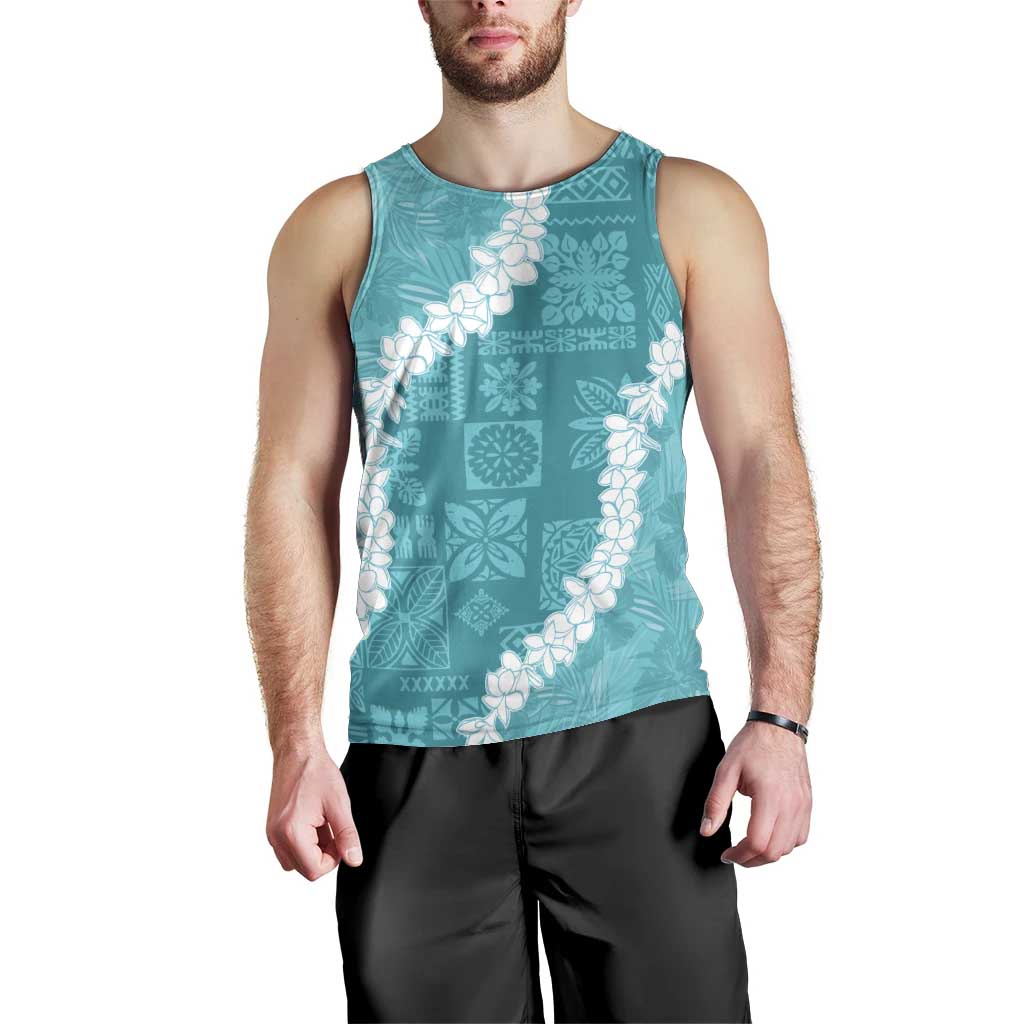 Hawaii Aloha Men Tank Top Teal Quilt Patch Work Mix Plumeria Lei LT7 - Polynesian Pride