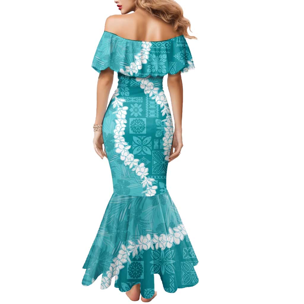 Hawaii Aloha Mermaid Dress Teal Quilt Patch Work Mix Plumeria Lei