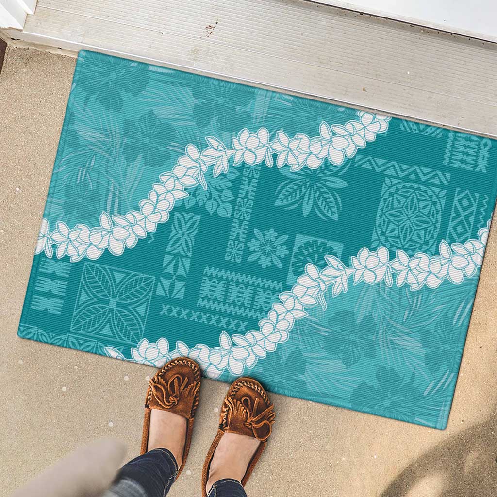 Hawaii Aloha Rubber Doormat Teal Quilt Patch Work Mix Plumeria Lei