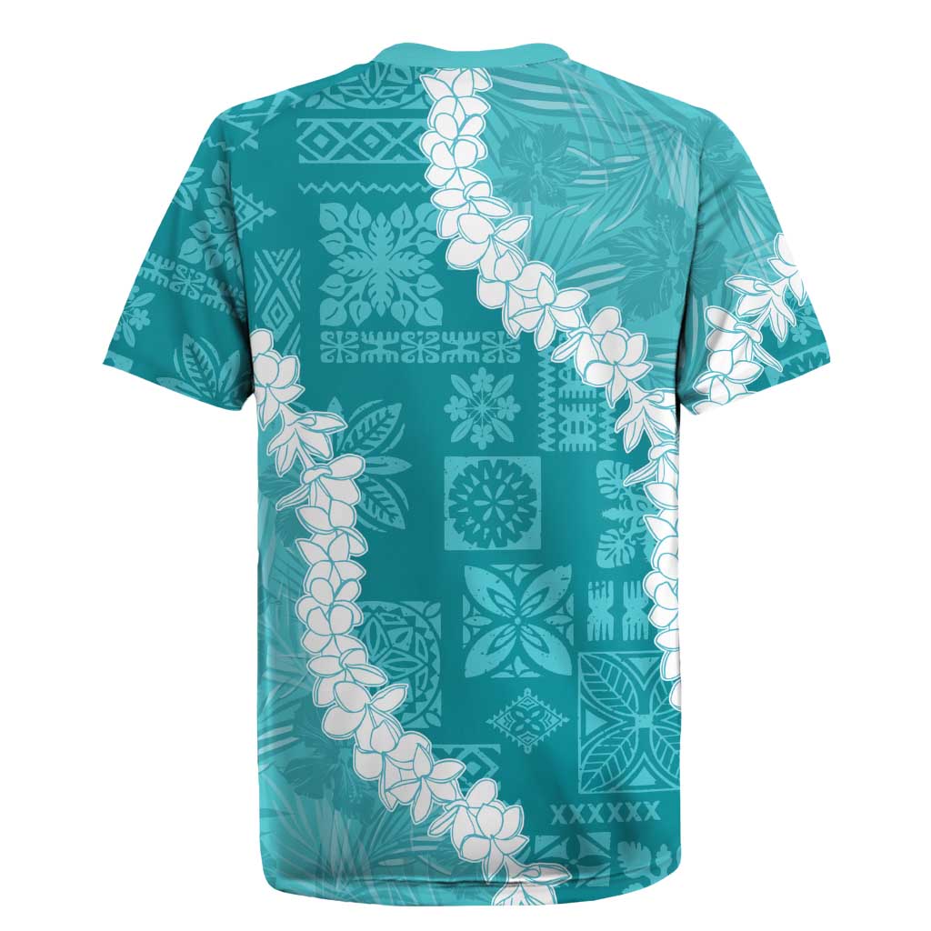 Hawaii Aloha Rugby Jersey Teal Quilt Patch Work Mix Plumeria Lei