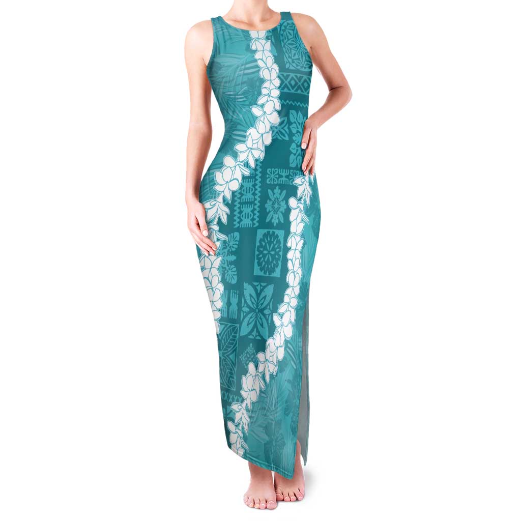 Hawaii Aloha Tank Maxi Dress Teal Quilt Patch Work Mix Plumeria Lei LT7 Women Teal - Polynesian Pride