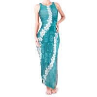 Hawaii Aloha Tank Maxi Dress Teal Quilt Patch Work Mix Plumeria Lei LT7 Women Teal - Polynesian Pride
