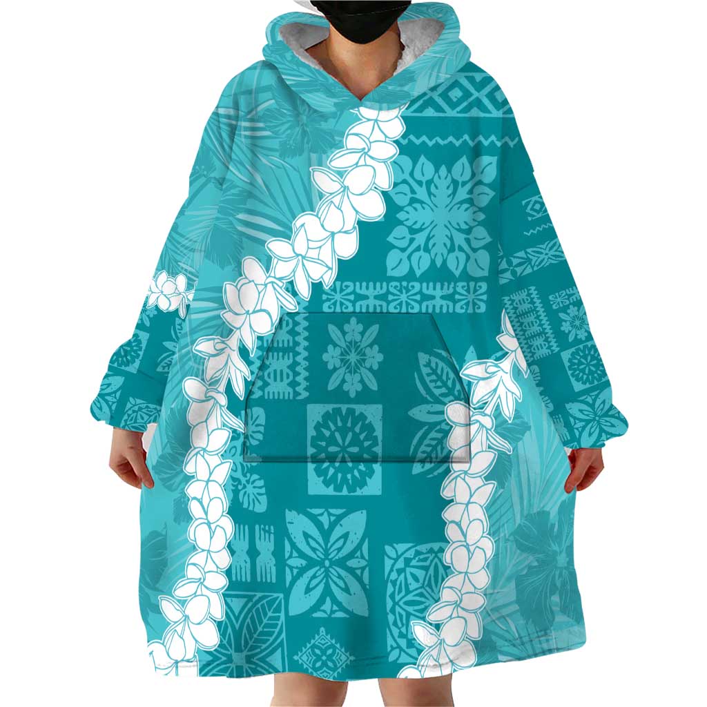 Hawaii Aloha Wearable Blanket Hoodie Teal Quilt Patch Work Mix Plumeria Lei LT7 - Polynesian Pride
