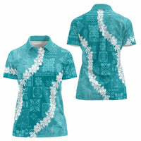 Hawaii Aloha Women Polo Shirt Teal Quilt Patch Work Mix Plumeria Lei