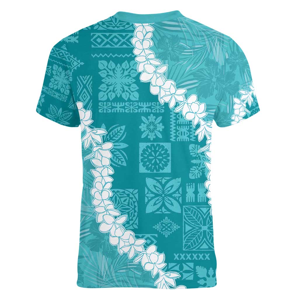 Hawaii Aloha Women V-Neck T-Shirt Teal Quilt Patch Work Mix Plumeria Lei LT7 - Polynesian Pride