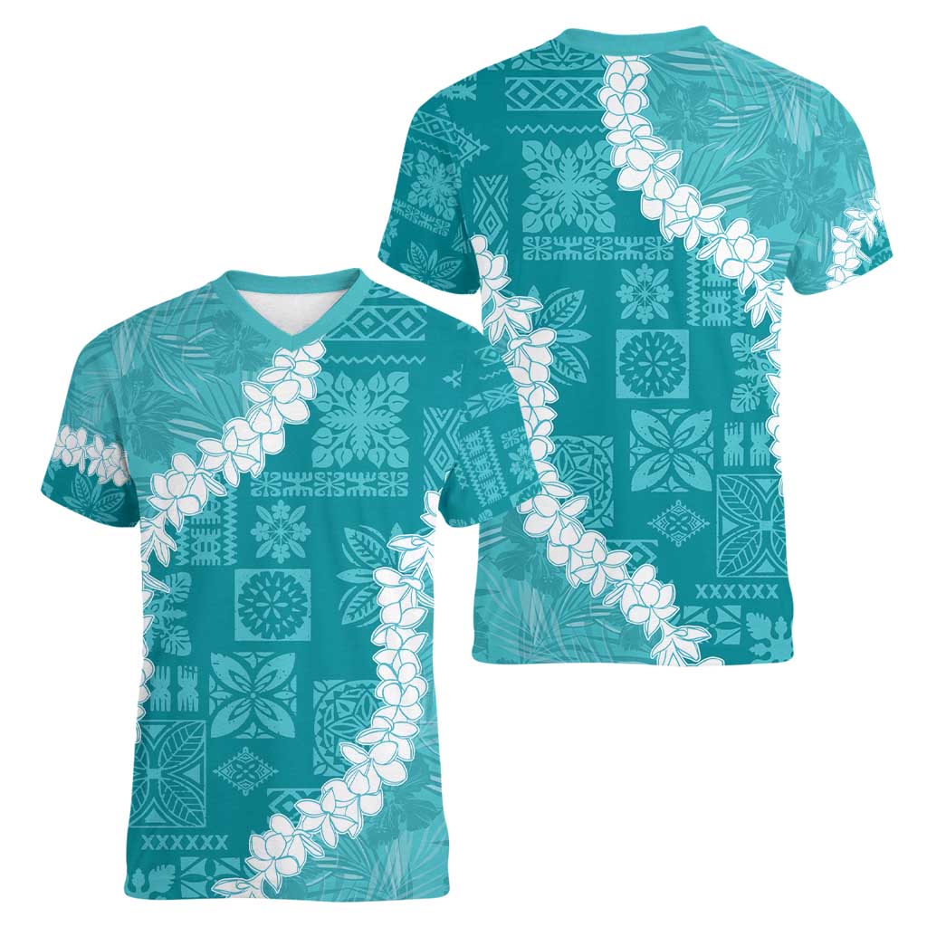 Hawaii Aloha Women V-Neck T-Shirt Teal Quilt Patch Work Mix Plumeria Lei LT7 - Polynesian Pride