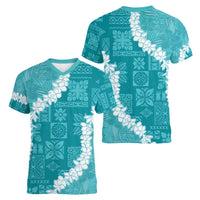 Hawaii Aloha Women V-Neck T-Shirt Teal Quilt Patch Work Mix Plumeria Lei LT7 - Polynesian Pride