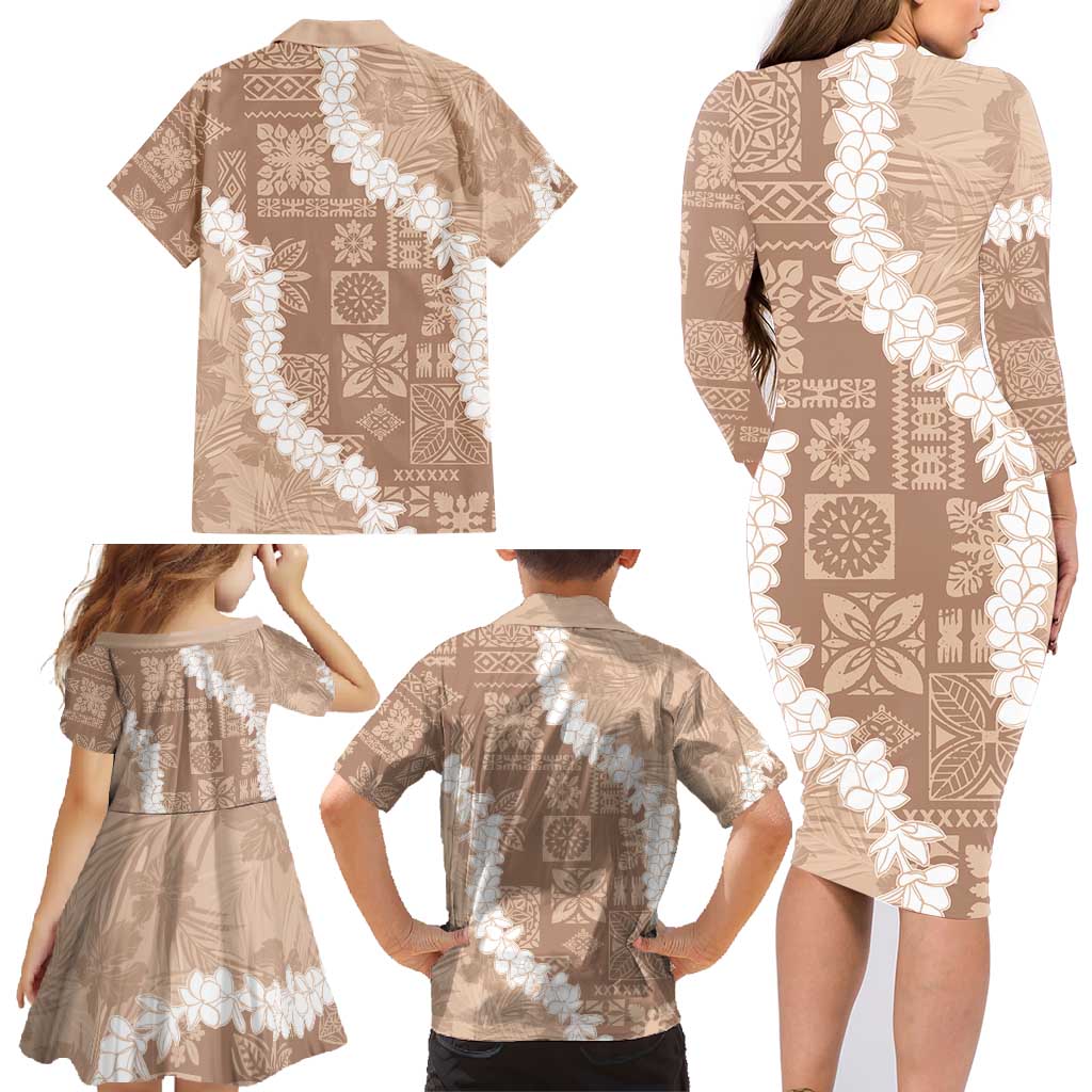 Hawaii Aloha Family Matching Long Sleeve Bodycon Dress and Hawaiian Shirt Beige Quilt Patch Work Mix Plumeria Lei