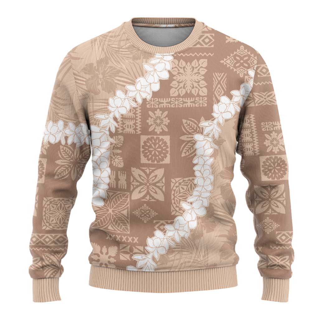 Hawaii Aloha Ugly Christmas Sweater Beige Quilt Patch Work Mix Plumeria Lei