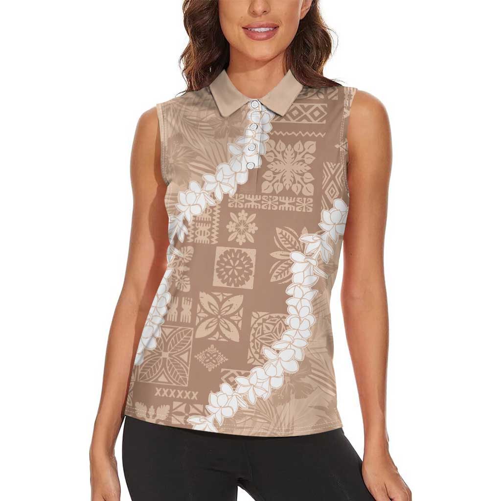 Hawaii Aloha Women Sleeveless Polo Shirt Beige Quilt Patch Work Mix Plumeria Lei