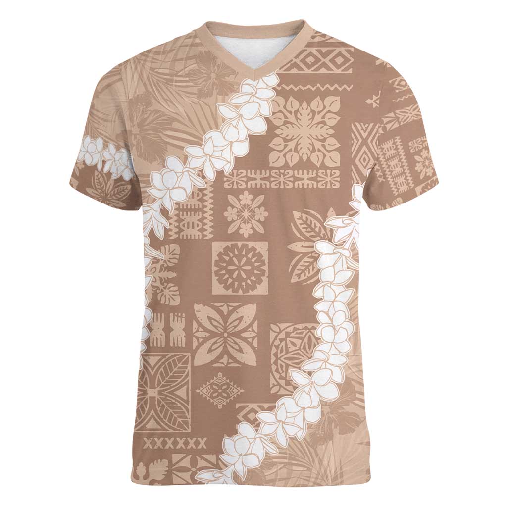 Hawaii Aloha Women V-Neck T-Shirt Beige Quilt Patch Work Mix Plumeria Lei LT7 Female Beige - Polynesian Pride