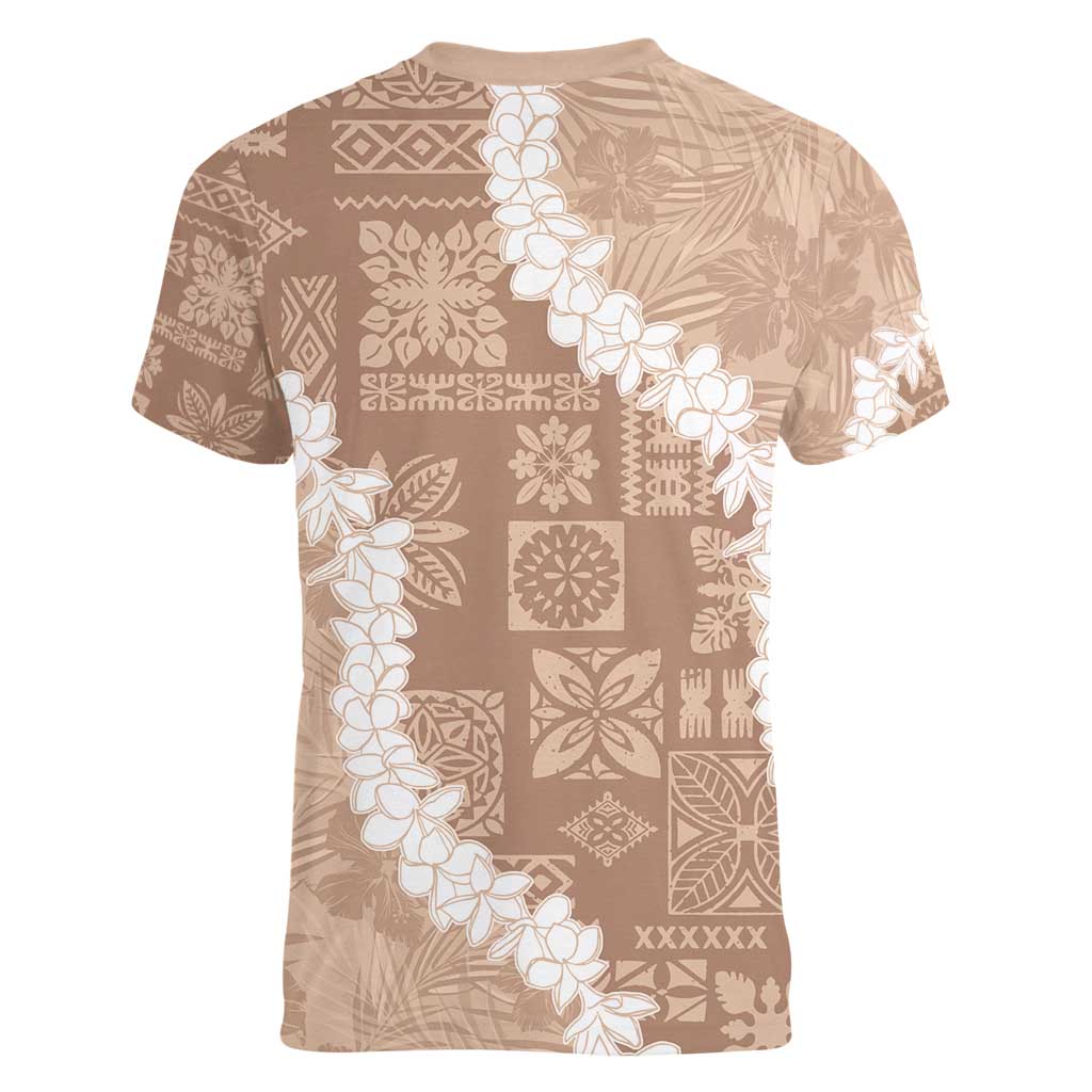 Hawaii Aloha Women V-Neck T-Shirt Beige Quilt Patch Work Mix Plumeria Lei LT7 - Polynesian Pride