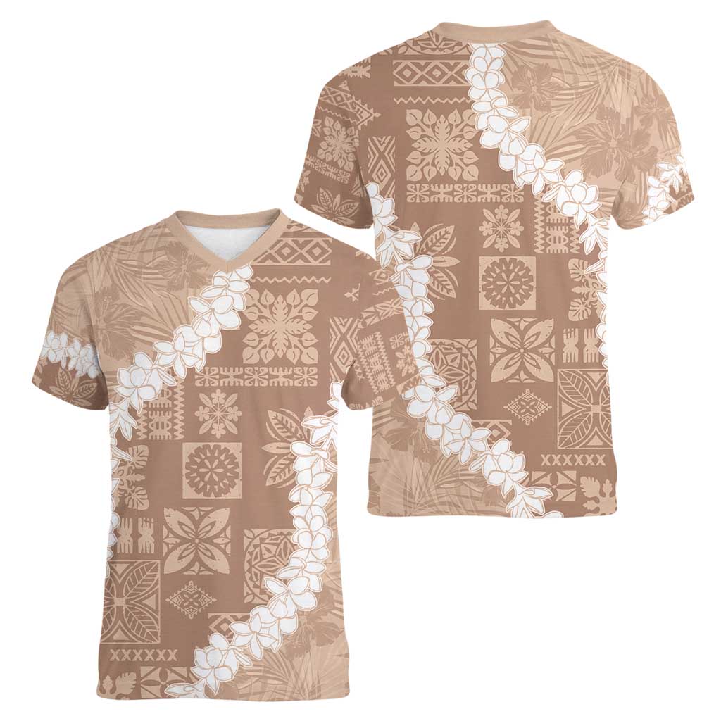 Hawaii Aloha Women V-Neck T-Shirt Beige Quilt Patch Work Mix Plumeria Lei LT7 - Polynesian Pride