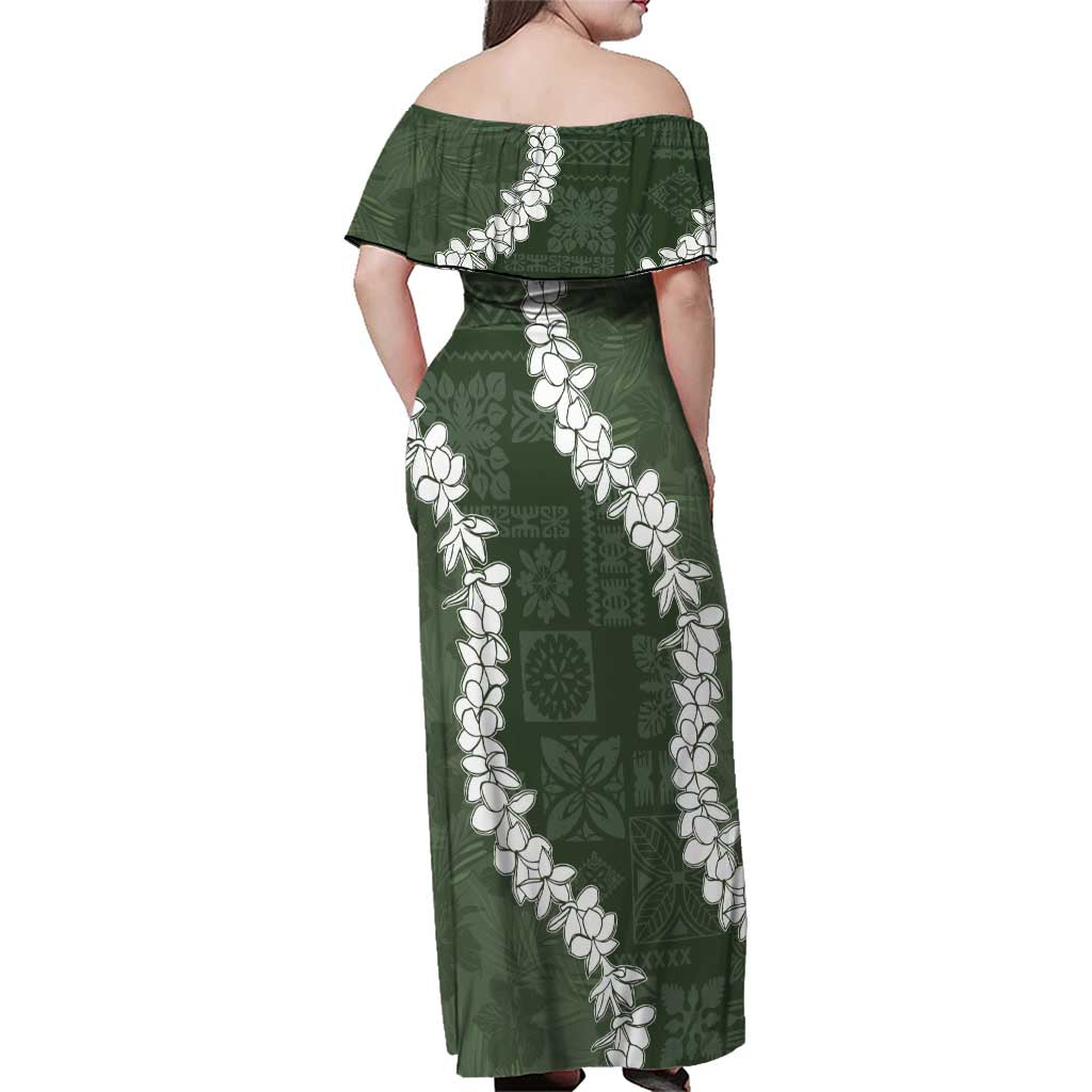 Hawaii Aloha Family Matching Off Shoulder Maxi Dress and Hawaiian Shirt Sage Quilt Patch Work Mix Plumeria Lei