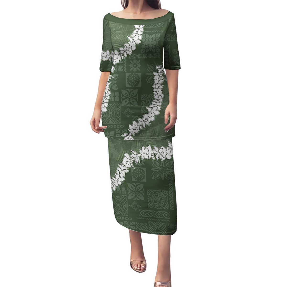 Hawaii Aloha Family Matching Puletasi and Hawaiian Shirt Sage Quilt Patch Work Mix Plumeria Lei