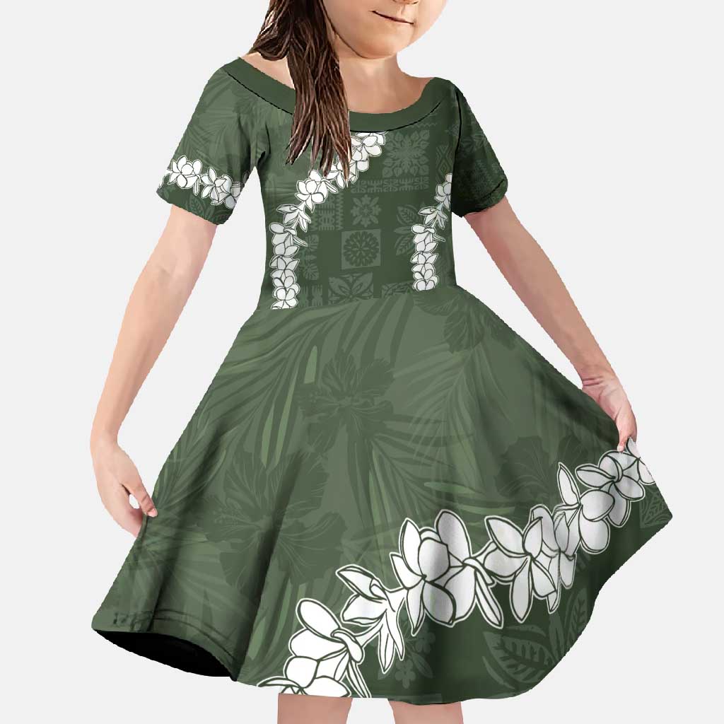Hawaii Aloha Family Matching Short Sleeve Bodycon Dress and Hawaiian Shirt Sage Quilt Patch Work Mix Plumeria Lei LT7 Daughter's Dress Sage - Polynesian Pride