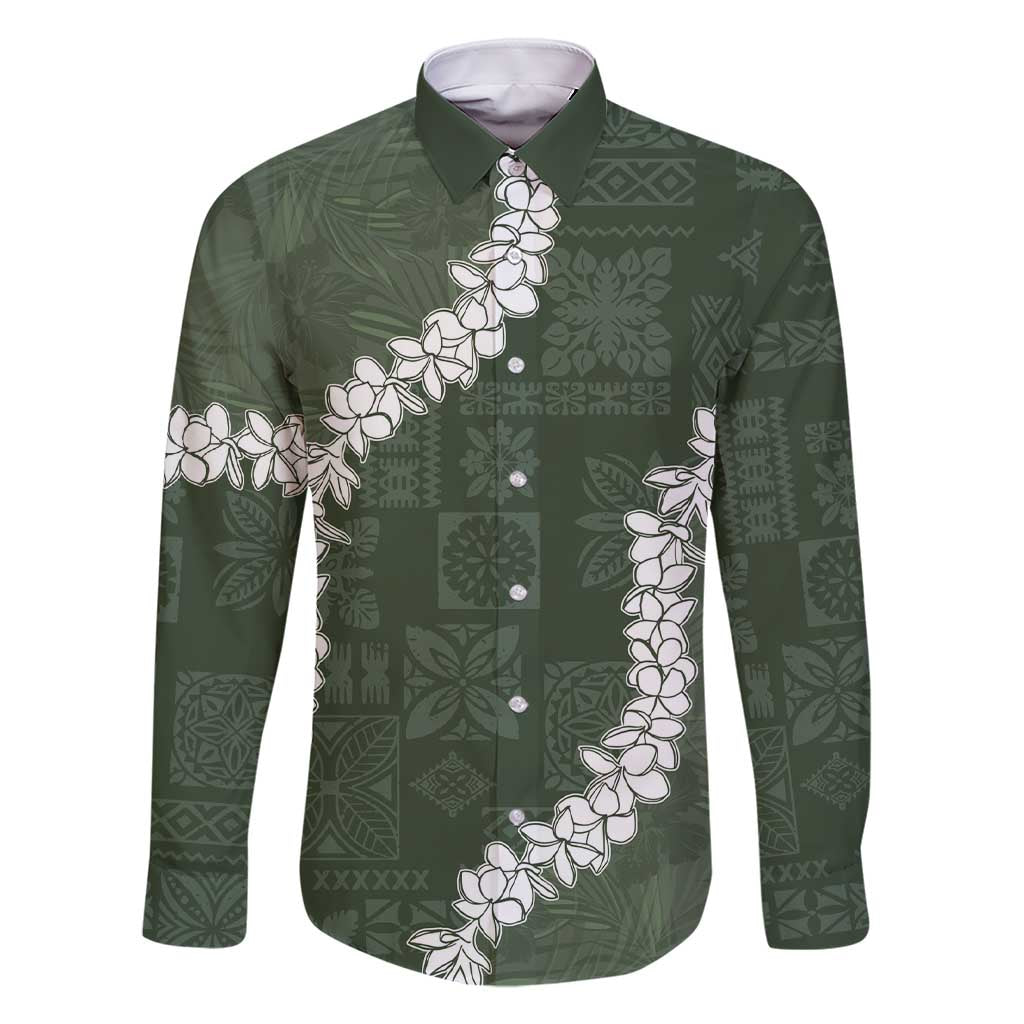 Hawaii Aloha Family Matching Short Sleeve Bodycon Dress and Hawaiian Shirt Sage Quilt Patch Work Mix Plumeria Lei LT7 Dad's Shirt - Long Sleeve Sage - Polynesian Pride