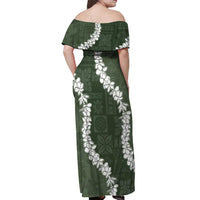 Hawaii Aloha Off Shoulder Maxi Dress Sage Quilt Patch Work Mix Plumeria Lei