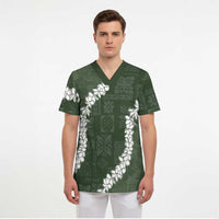 Hawaii Aloha Scrub Top Sage Quilt Patch Work Mix Plumeria Lei - Polynesian Pride